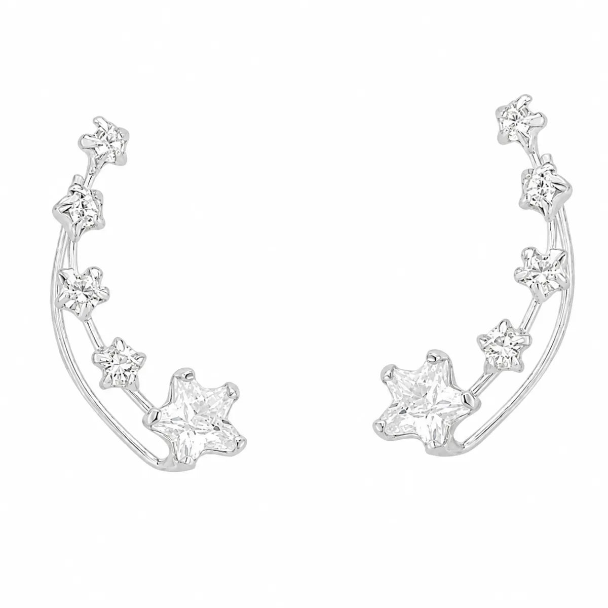 Brinco Ear Cuff Estrelas Zircônia Branca Prata 925 Legítima