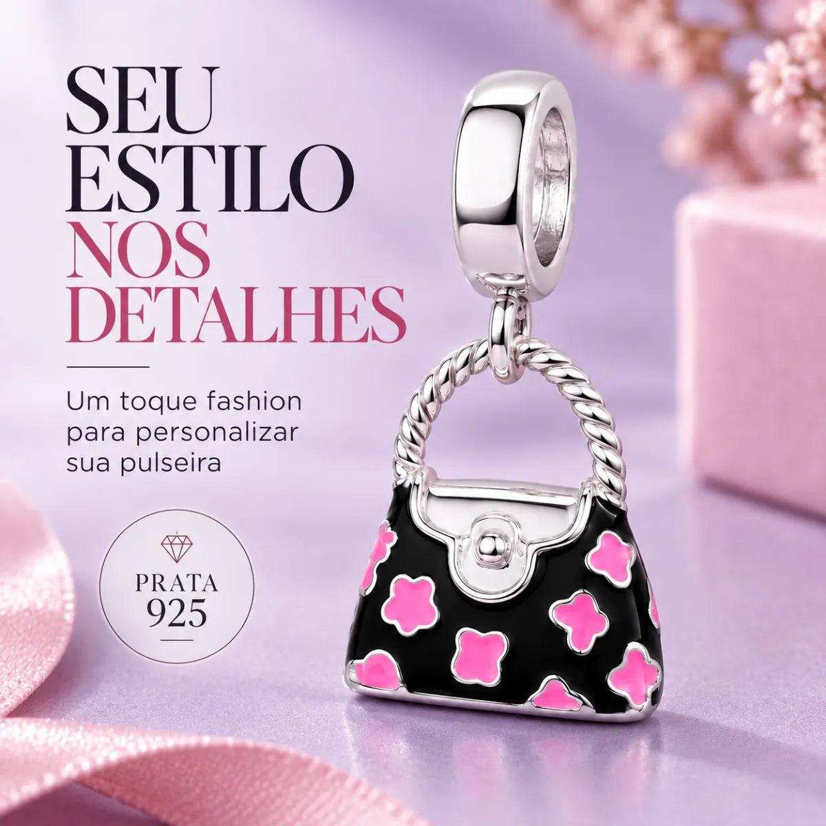 Berloque Pingente Bolsa Resina Preta e Rosa em Prata 925 Legítima