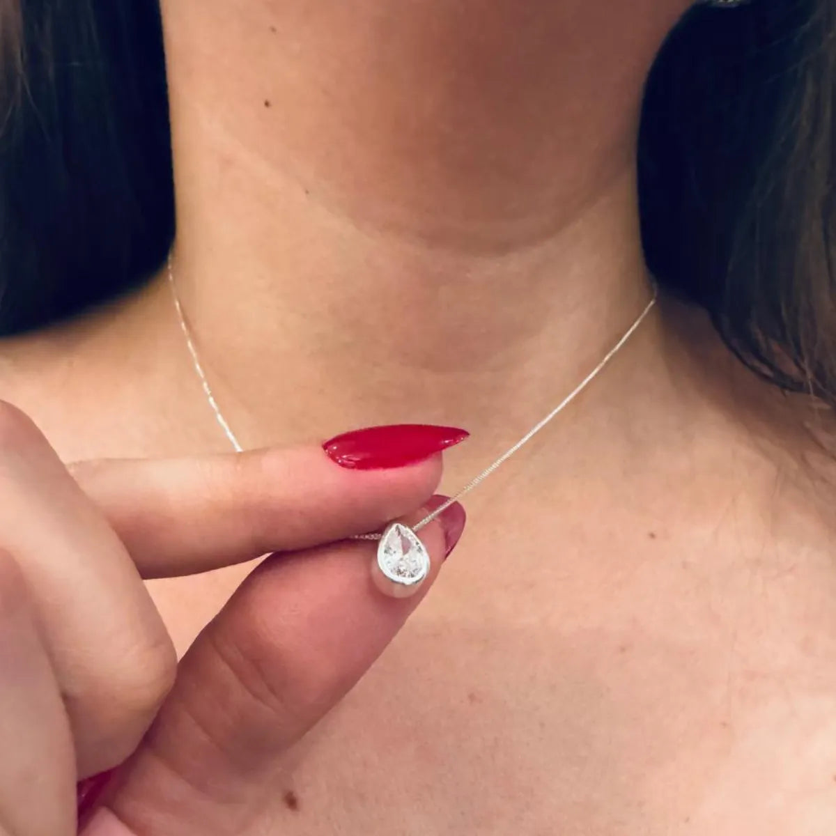 Colar Corrente Veneziana Pingente Ponto de Luz Gota Zircônia Prata 925 Legítima