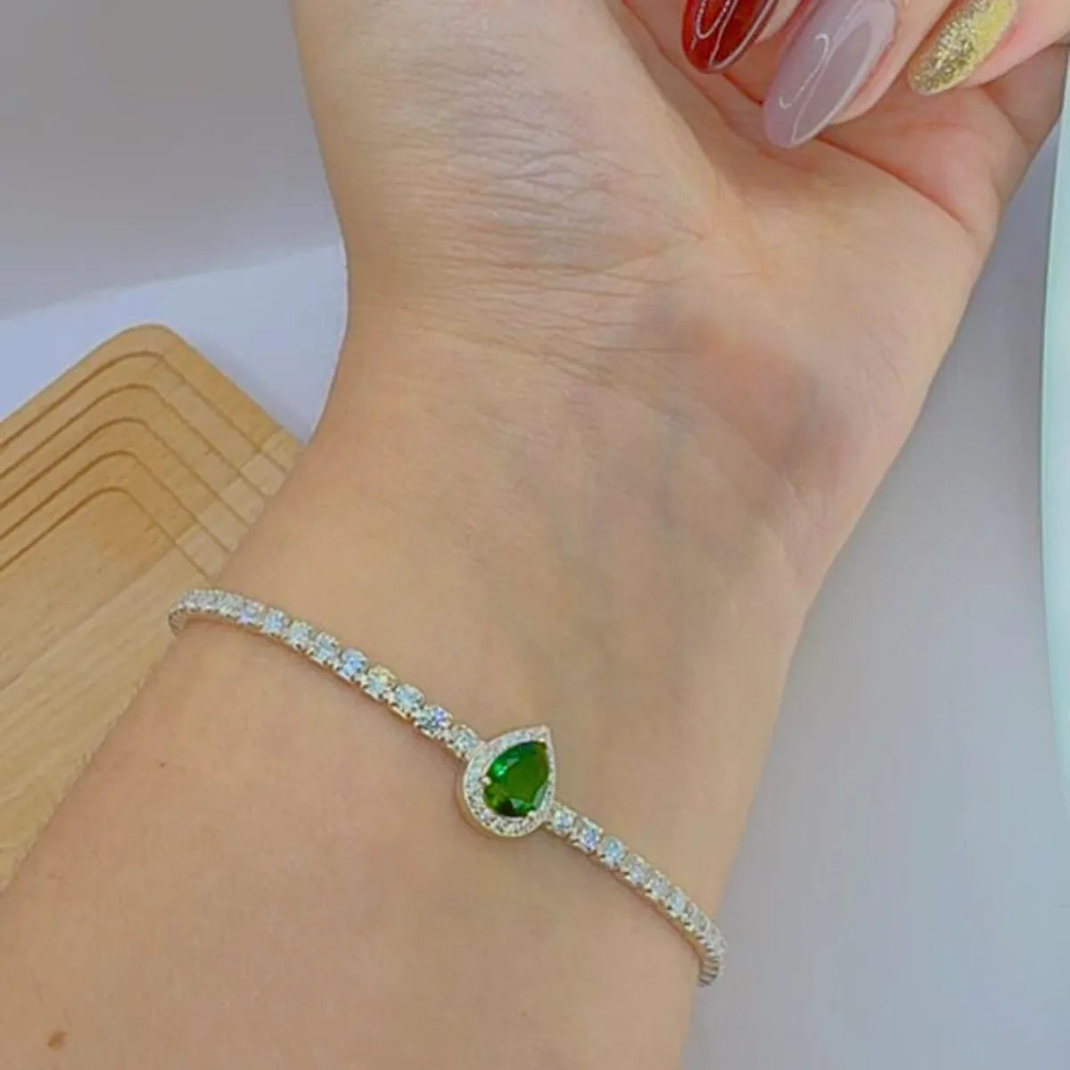 Pulseira Riviera Gota Verde Cravejada Zircônia Prata 925 Legítima