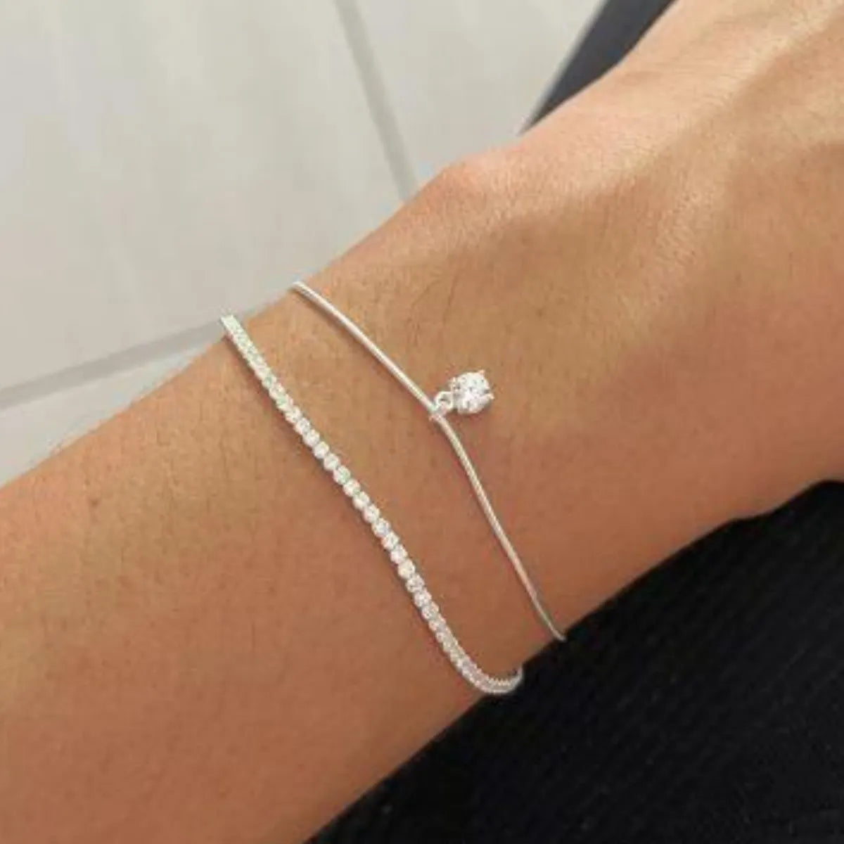 Pulseira Dupla Riviera e Rabo de Rato com Ponto de Luz Prata 925 Legítima