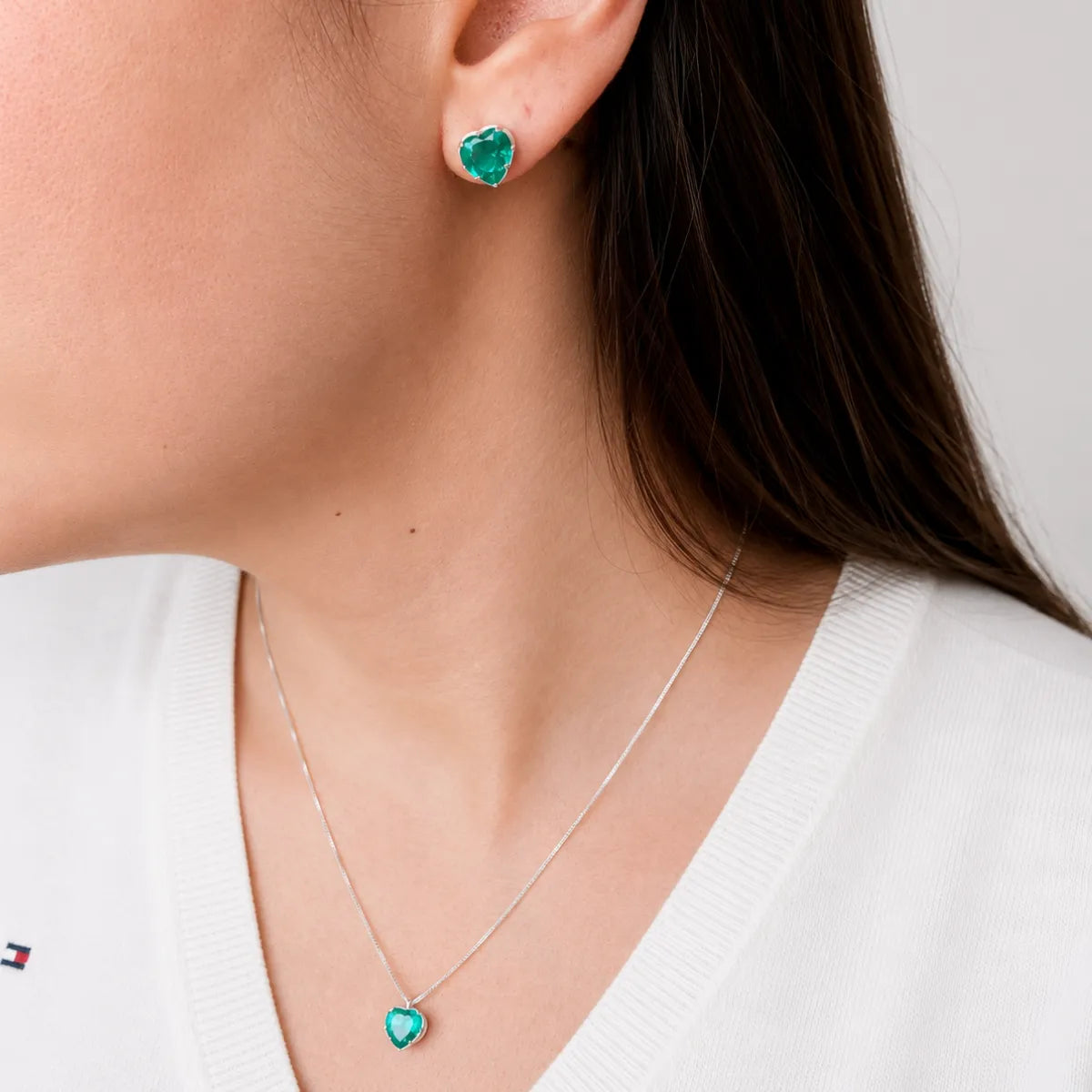 Conjunto Brinco e Colar Coração Galeria Verde Turmalina 925 Legítima