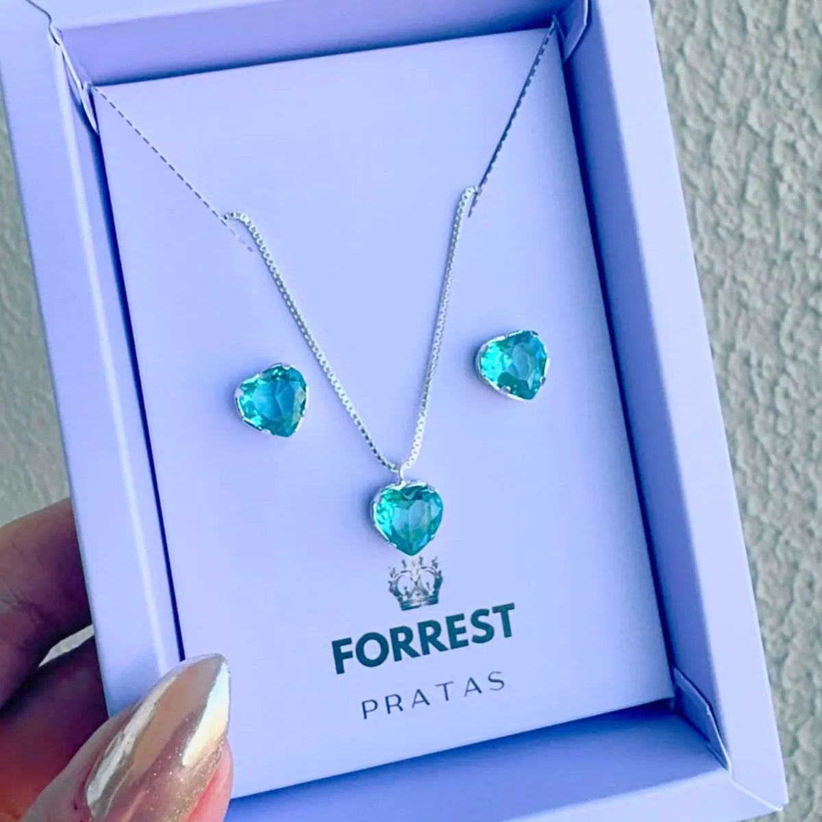 Conjunto Brinco e Colar Coração Galeria Verde Turmalina 925 Legítima