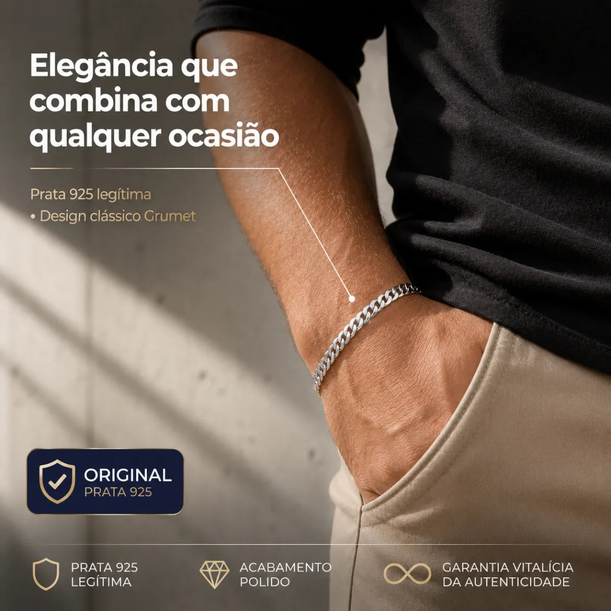 Pulseira Masculina Grumet 4mm Prata 925 Legítima