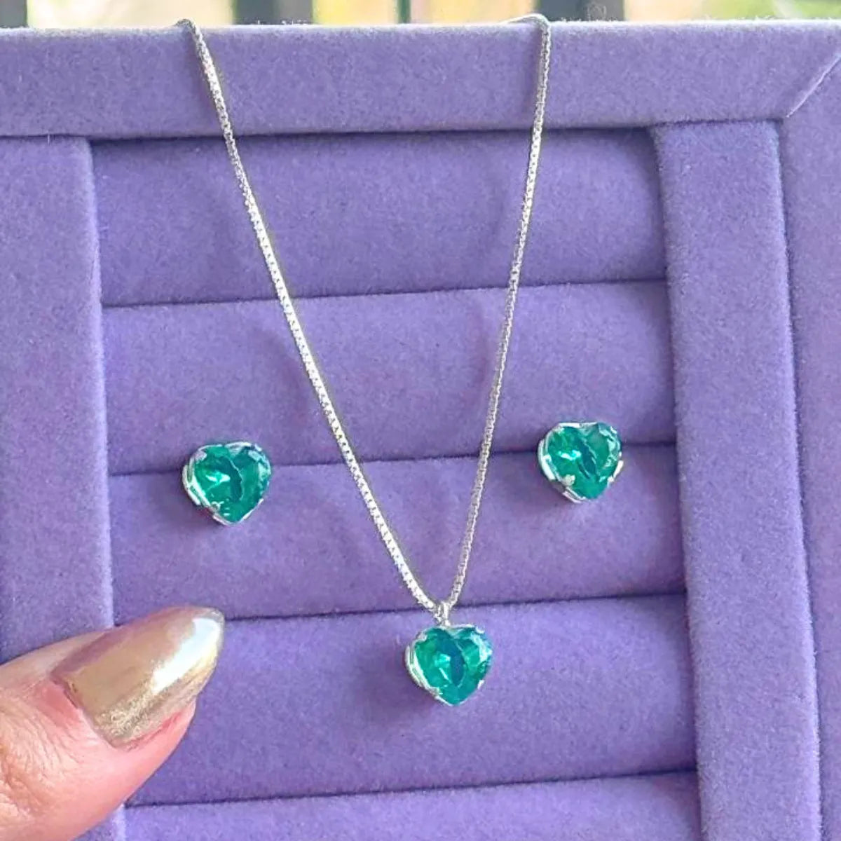 Conjunto Brinco e Colar Coração Galeria Verde Turmalina 925 Legítima