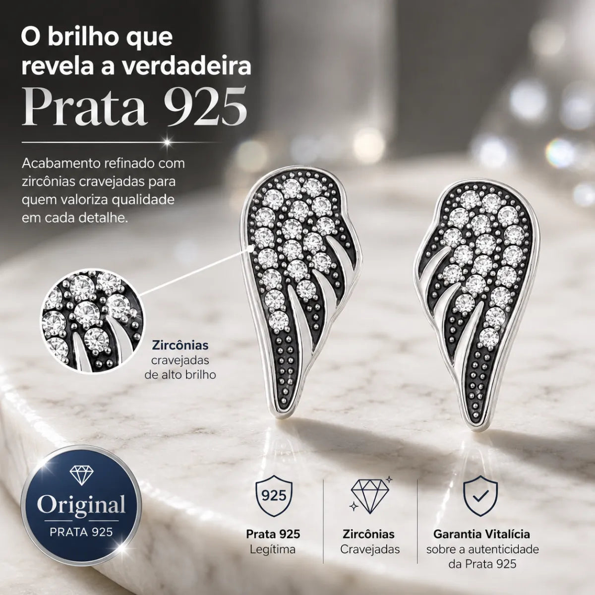 Brinco Asa Cravejada Zircônia Prata 925 Legítima