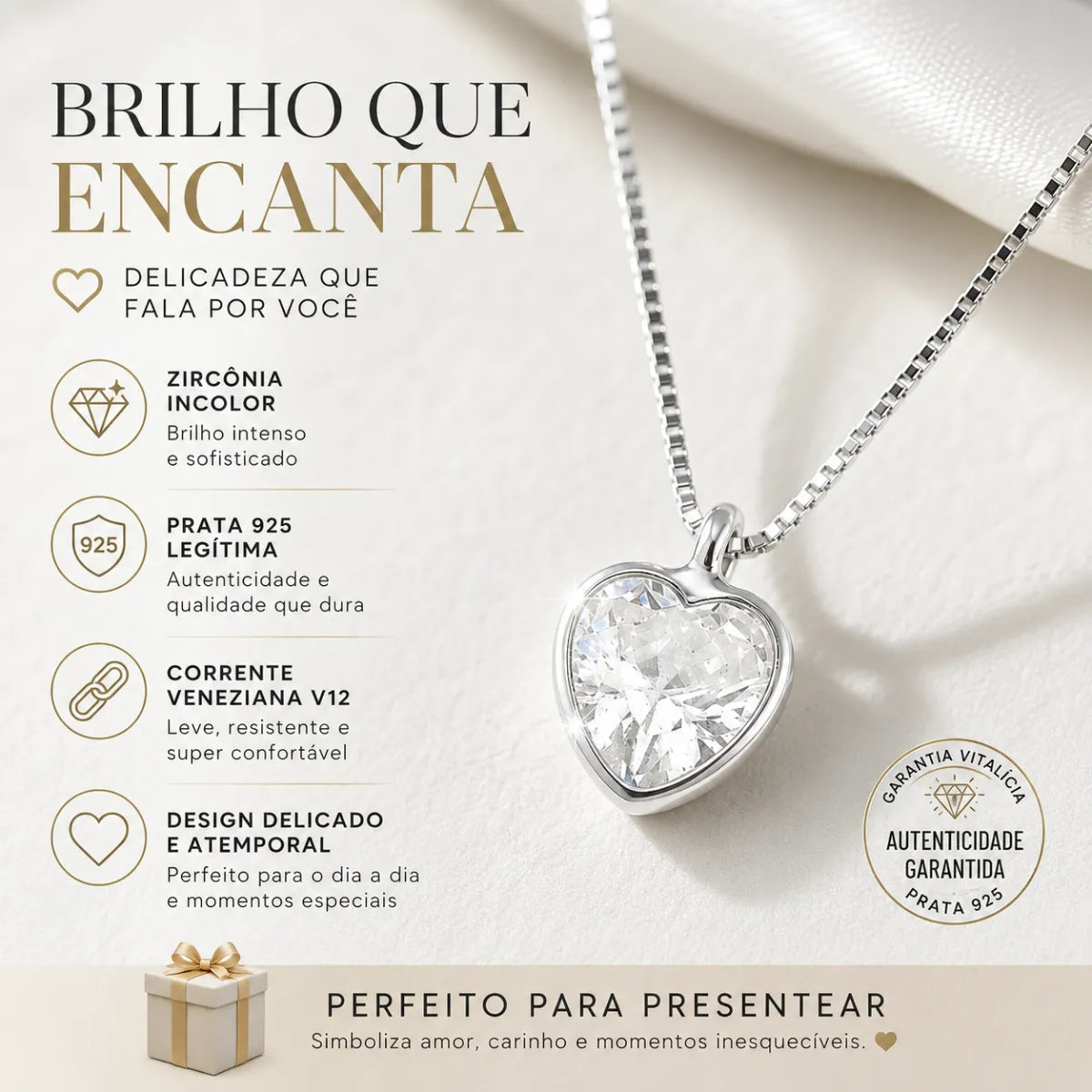 Colar Ponto de Luz Coração Zircônia Incolor Prata 925 Legítima