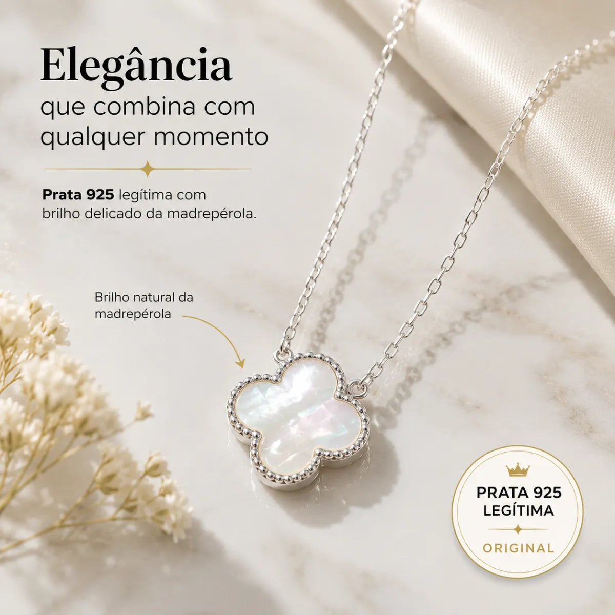 Colar Trevo Madreperola Prata 925 Legítima