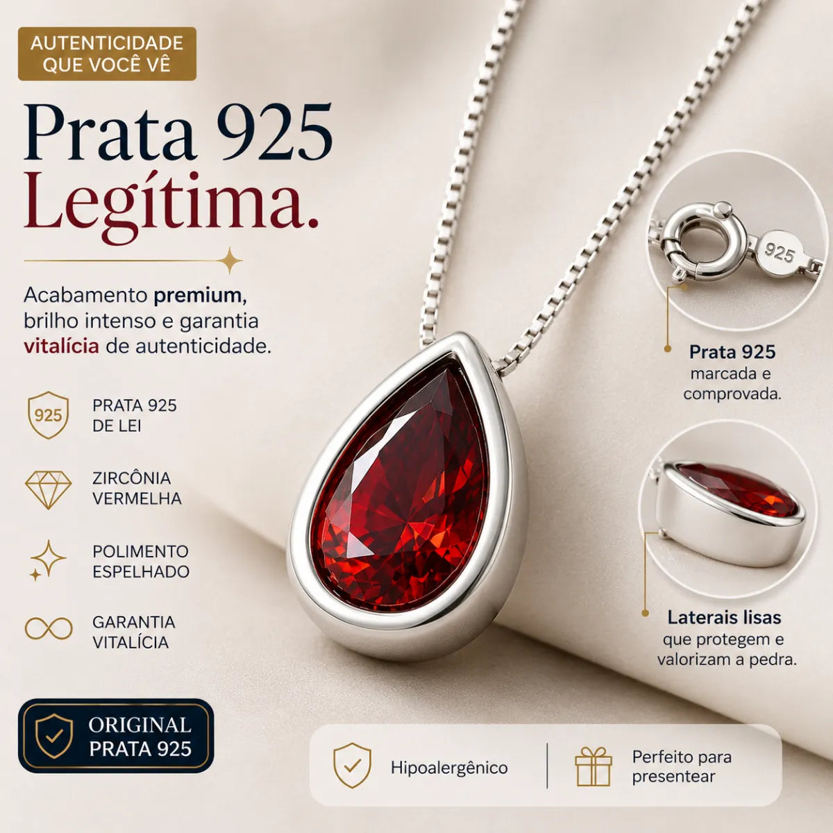 Colar Ponto de Luz Gota Vermelha Galeria Prata 925 Legítima