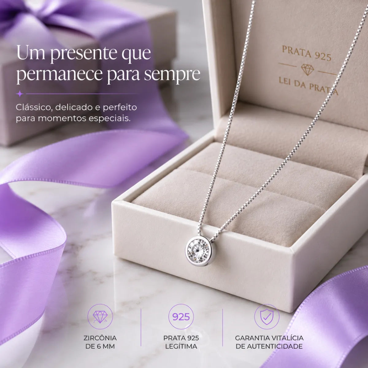 Colar Ponto de Luz Redondo Galeria Zircônia 6mm Prata 925 Legítima