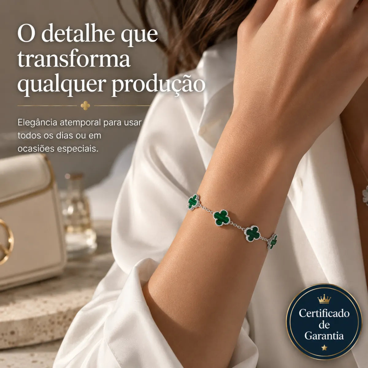 Pulseira Feminina 5 Trevos Malaquita Prata 925 Legítima