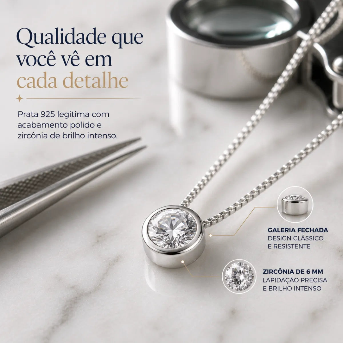 Colar Ponto de Luz Redondo Galeria Zircônia 6mm Prata 925 Legítima