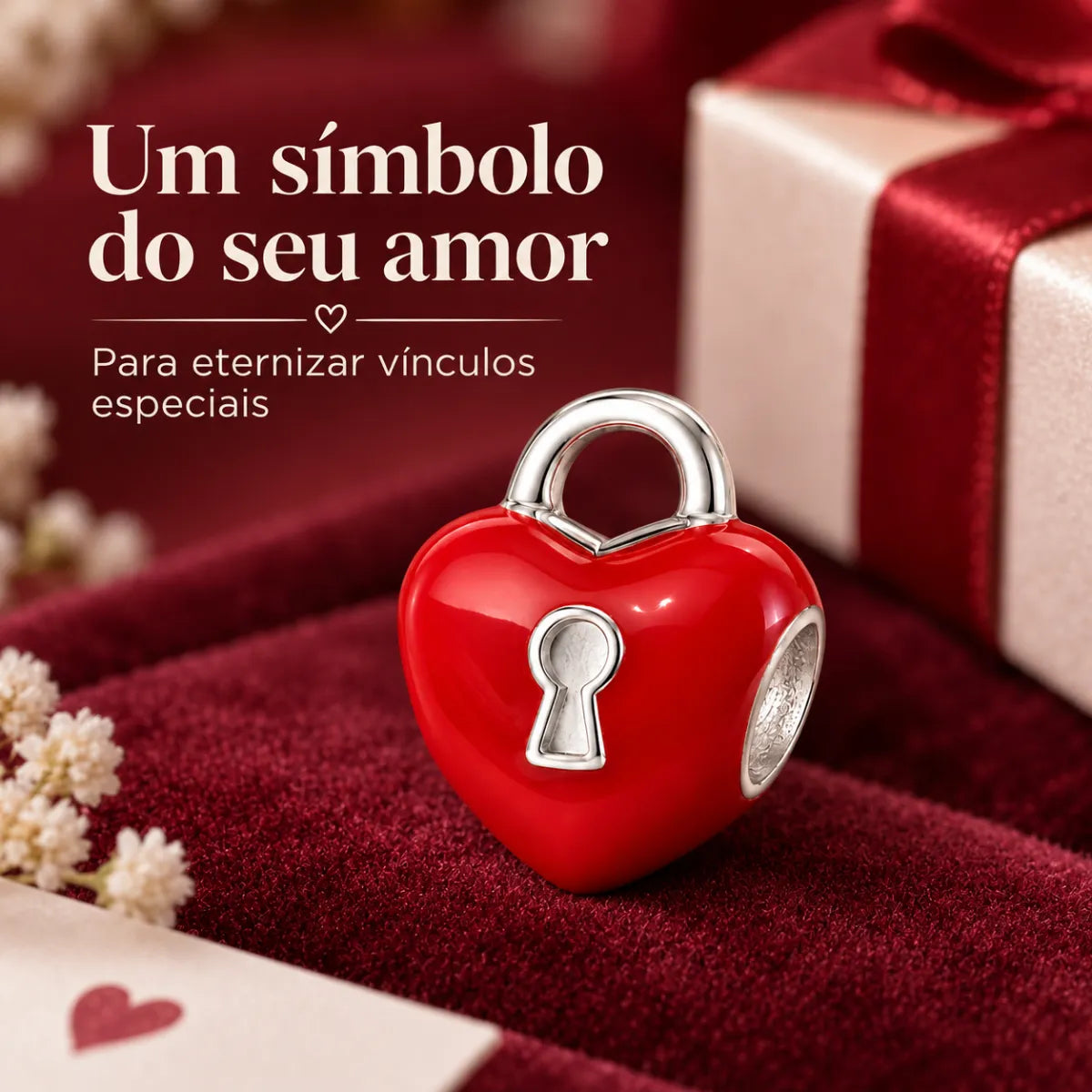 Berloque Seprador Cadeado Coração Vermelho em Prata 925 Legítima