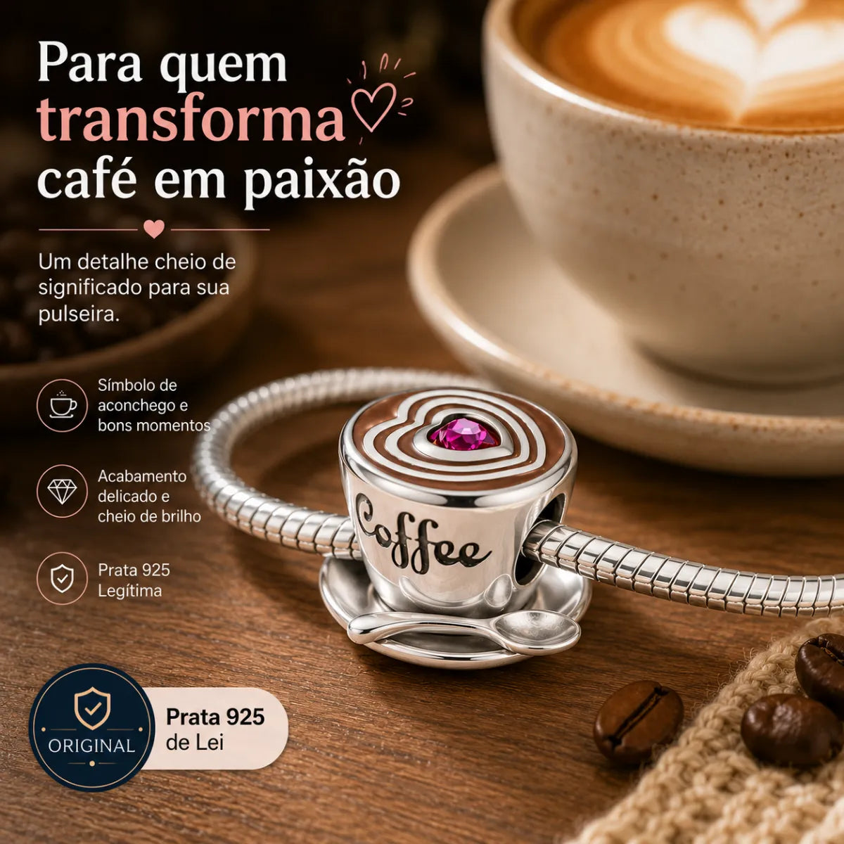 Berloque Separador Love Coffee Prata 925 Legítima