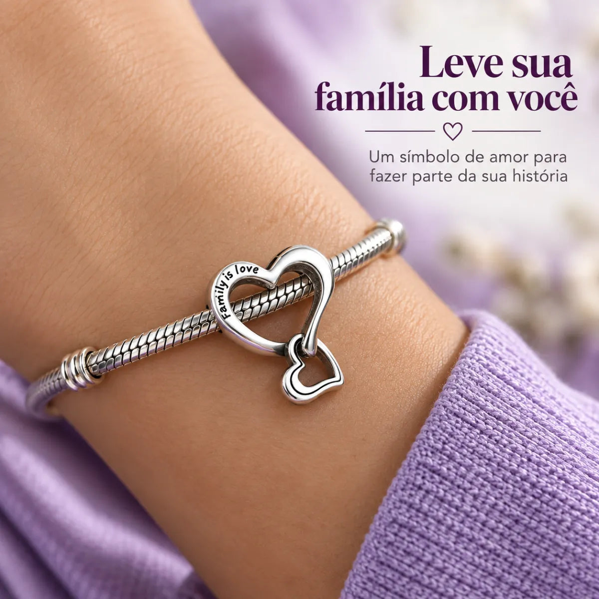 Berloque Separador 2 Coração Família Love Prata 925 Legítima
