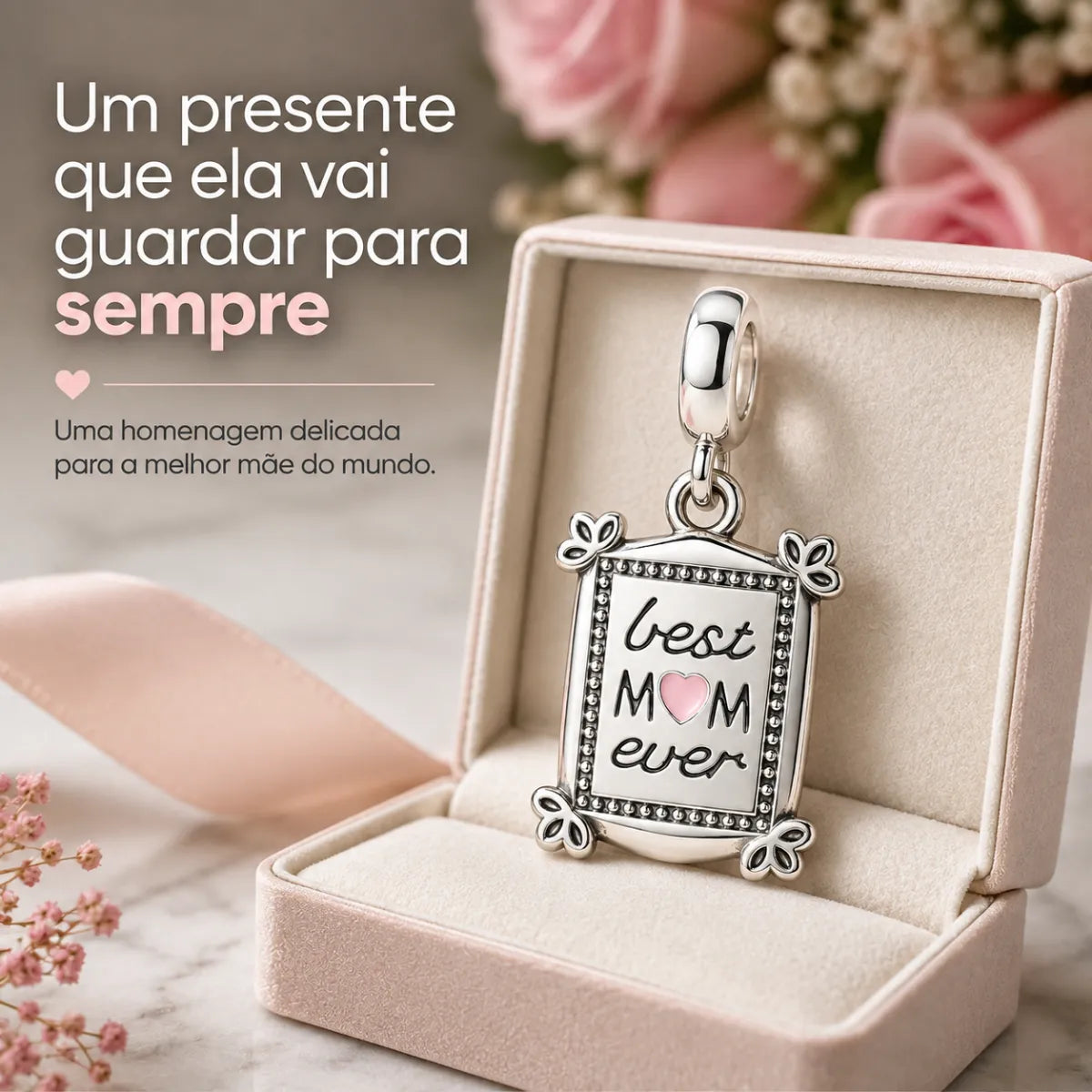 Berloque Pingente Best Mom Ever Prata 925 Legítima