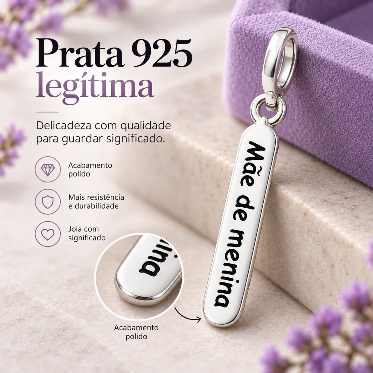 Berloque Plaquinha Mãe de Menina Prata 925 Legítima