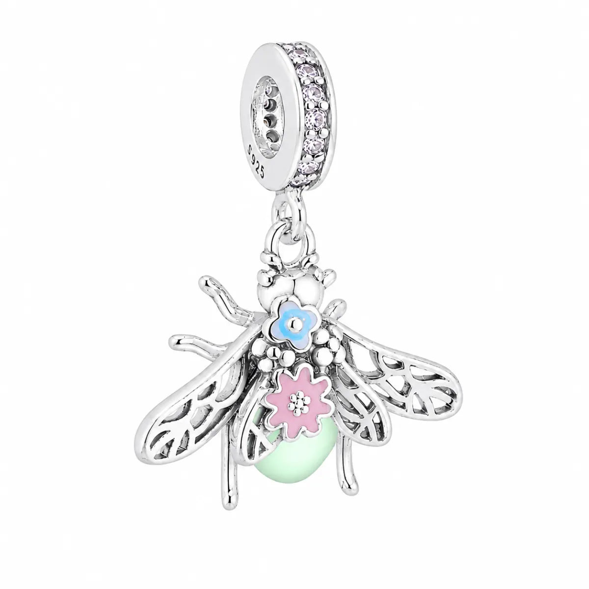 Berloque Pingente Mariposa Com Flor Brilha no Escuro Prata 925 Legítima
