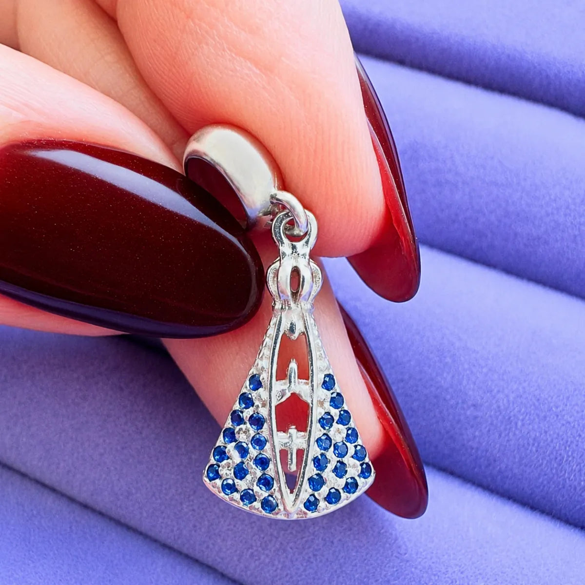 Berloque Pingente N.S Aparecida Zircônia Azul Prata 925 Legítima