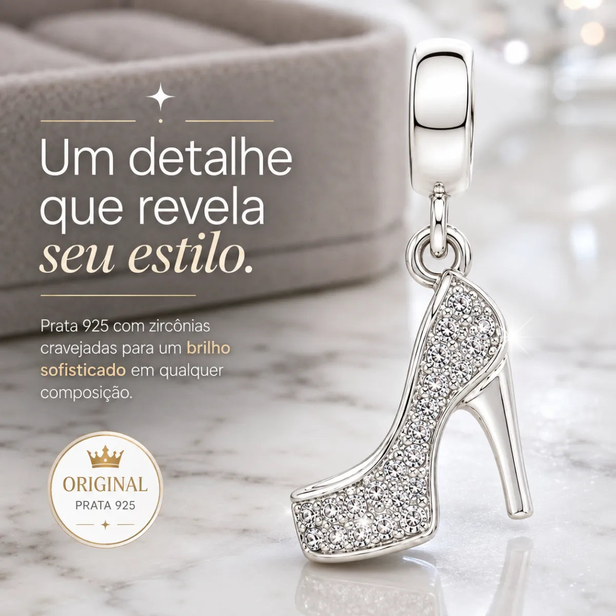 Berloque Salto Alto Zircônias Cravejadas Prata 925 Legítima