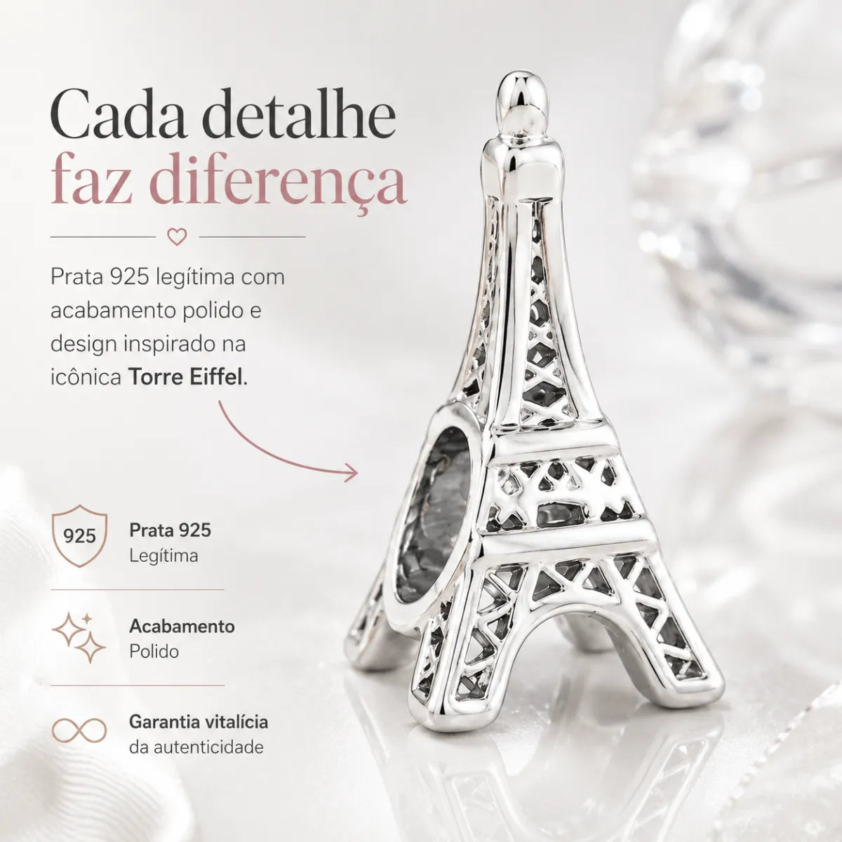 Berloque Seprador Torre Eiffel Paris em Prata 925 Legítima