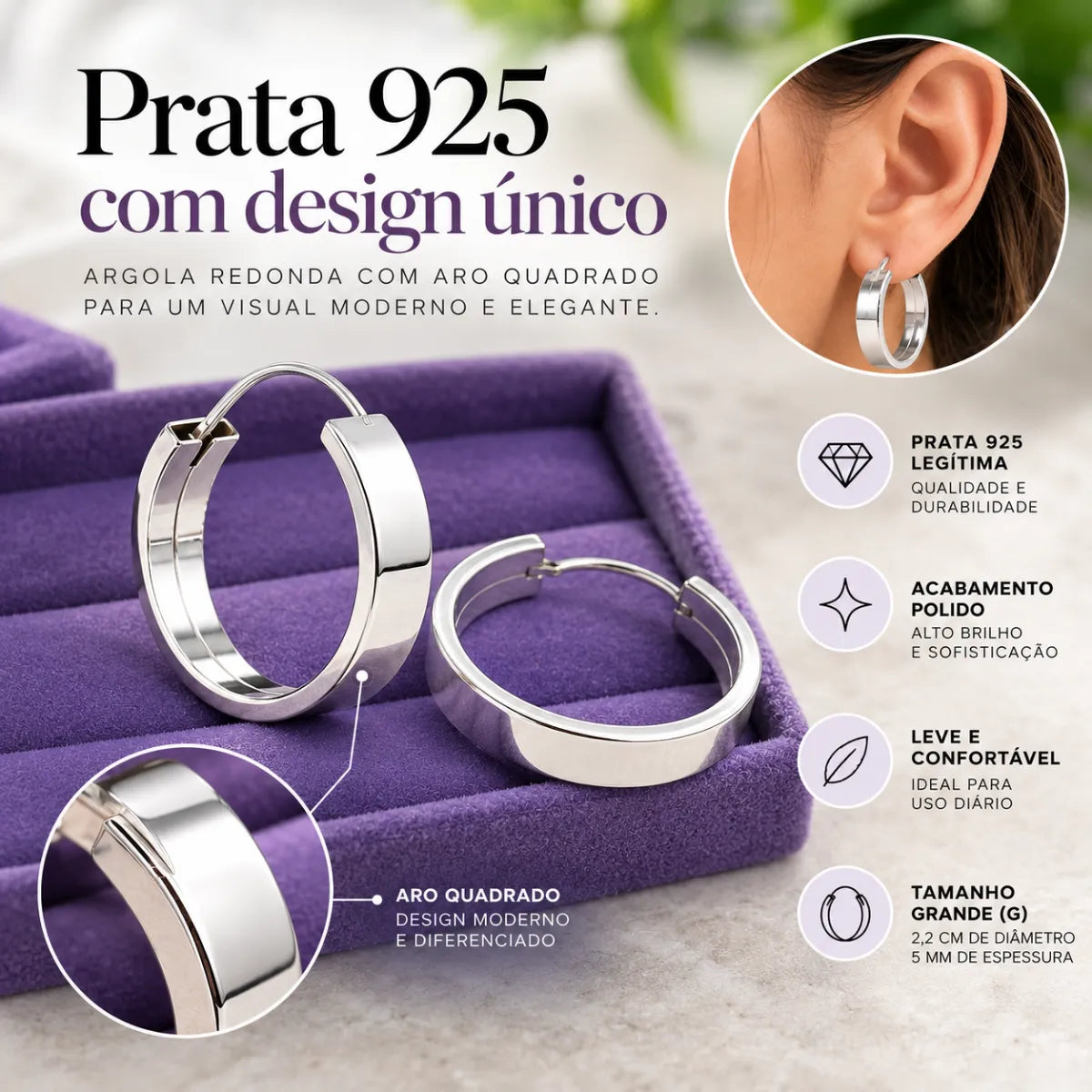 Brinco Argola Redondo Aro Quadrado 5mm x 2,2cm (G) Prata 925 Legítima