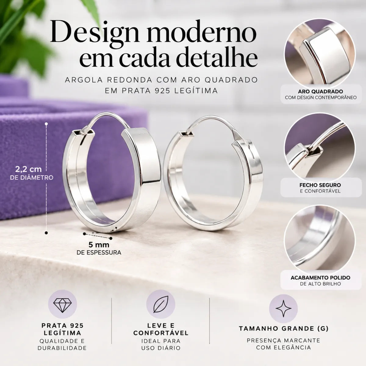 Brinco Argola Redondo Aro Quadrado 5mm x 2,2cm (G) Prata 925 Legítima