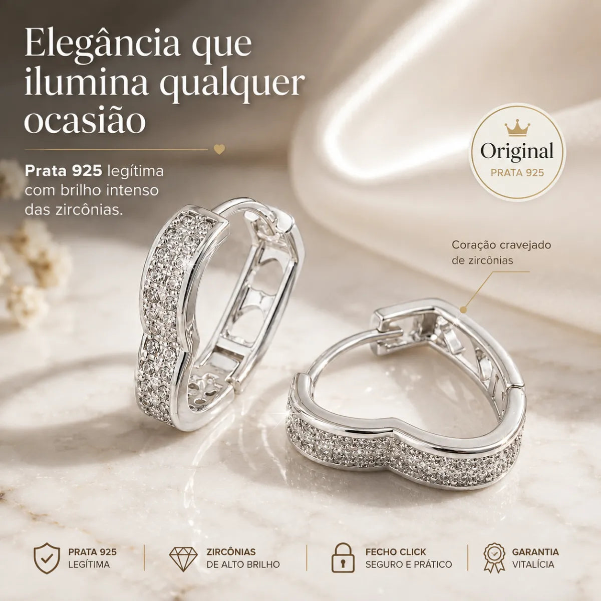 Brinco Argola Click Coração Cravejado Zircônia Prata 925 Legítima