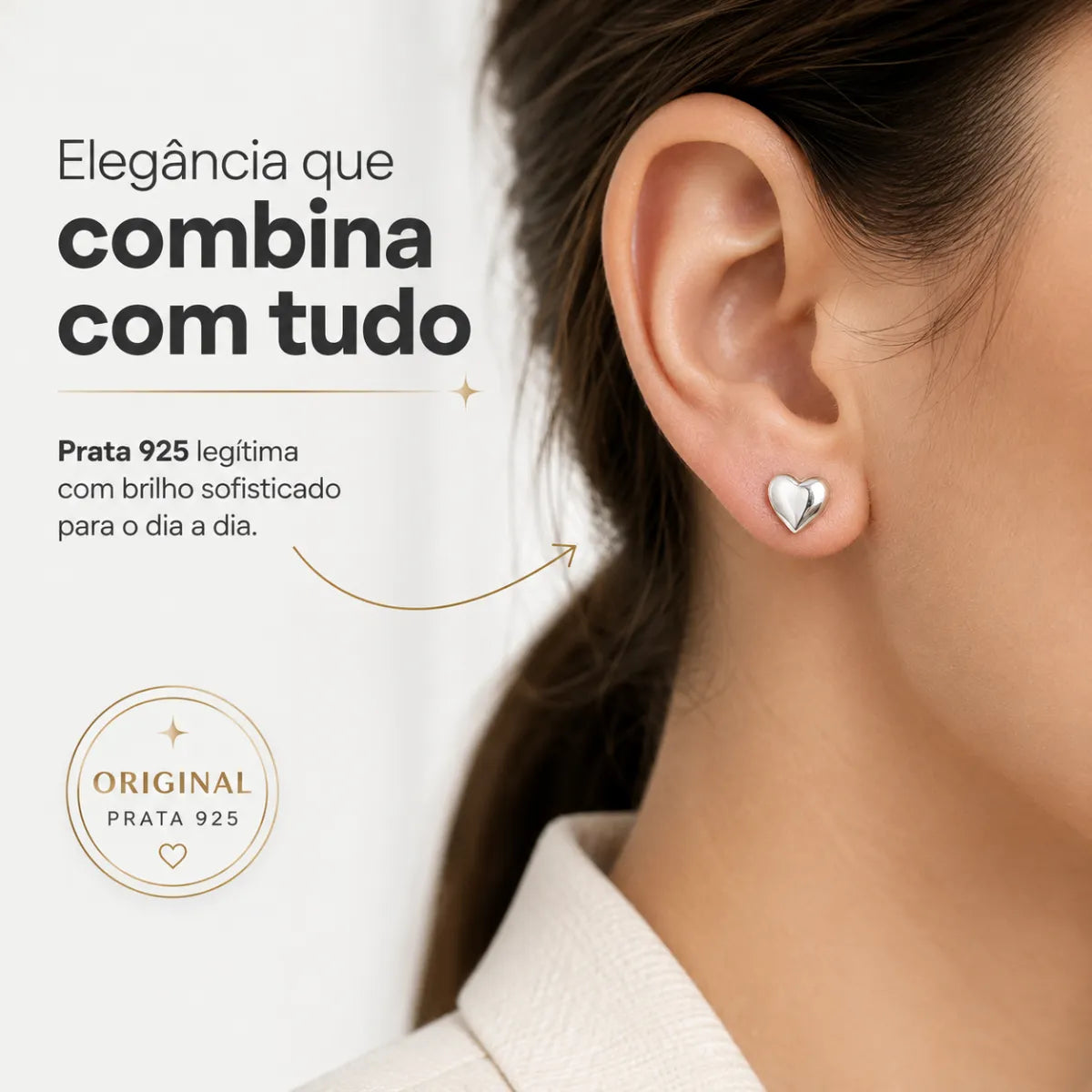 Brinco Coração Liso Abaulado 8mm Prata 925 Legítima