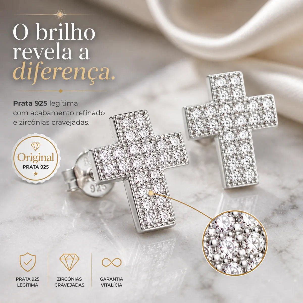 Brinco Cruz Cravejado Zircônia Prata 925 Legítima