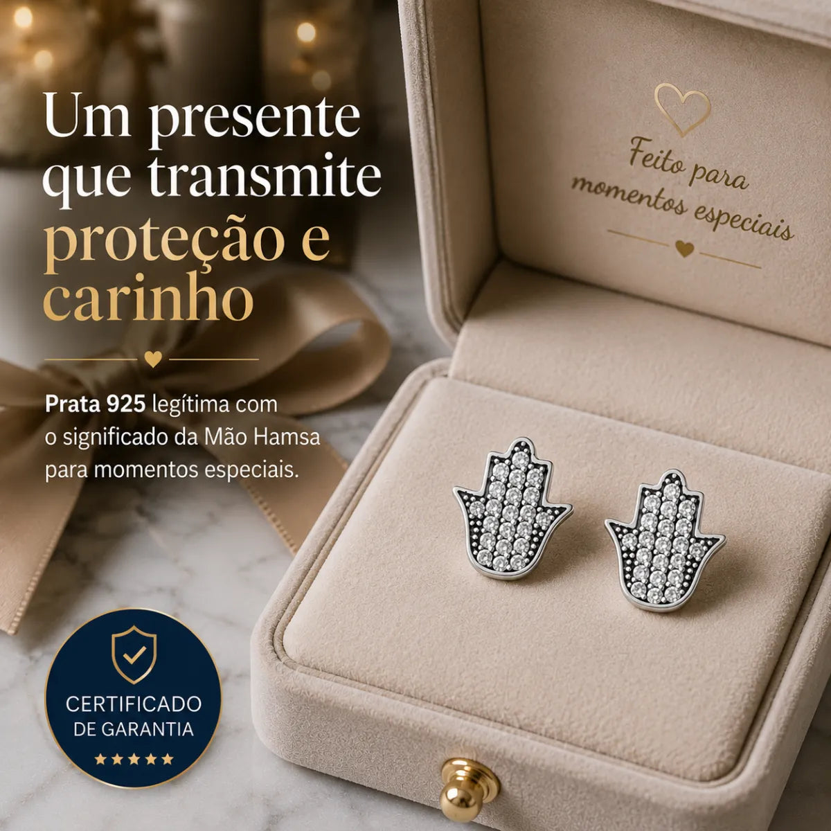 Brinco Mão Hamsa Cravejada Zircônia Prata 925 Legítima