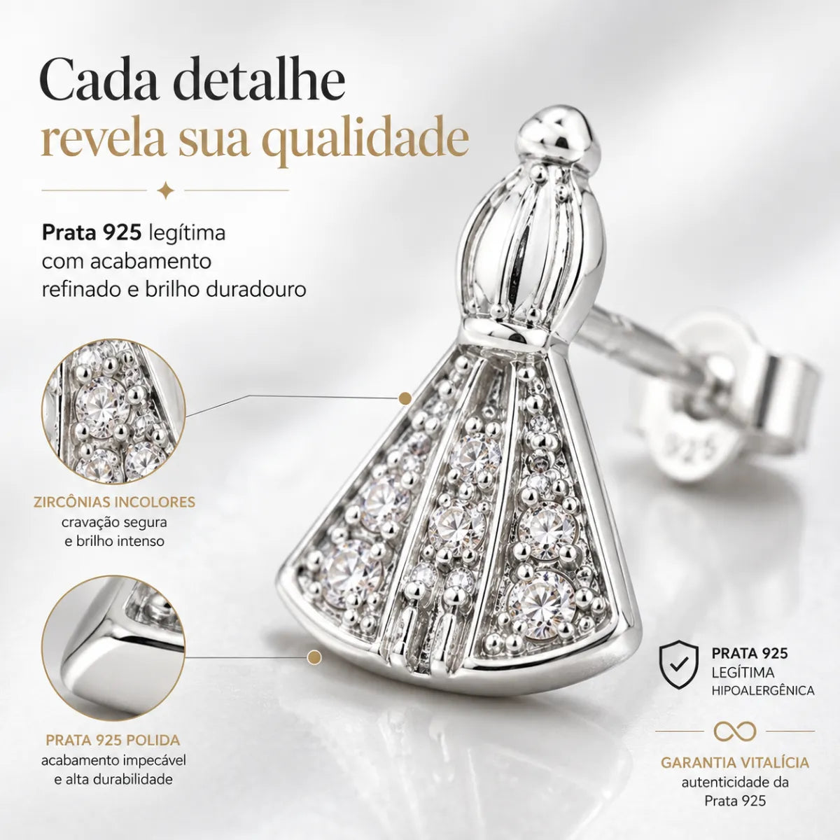 Brinco Nossa Senhora Zircônia Incolor Prata 925 Legítima