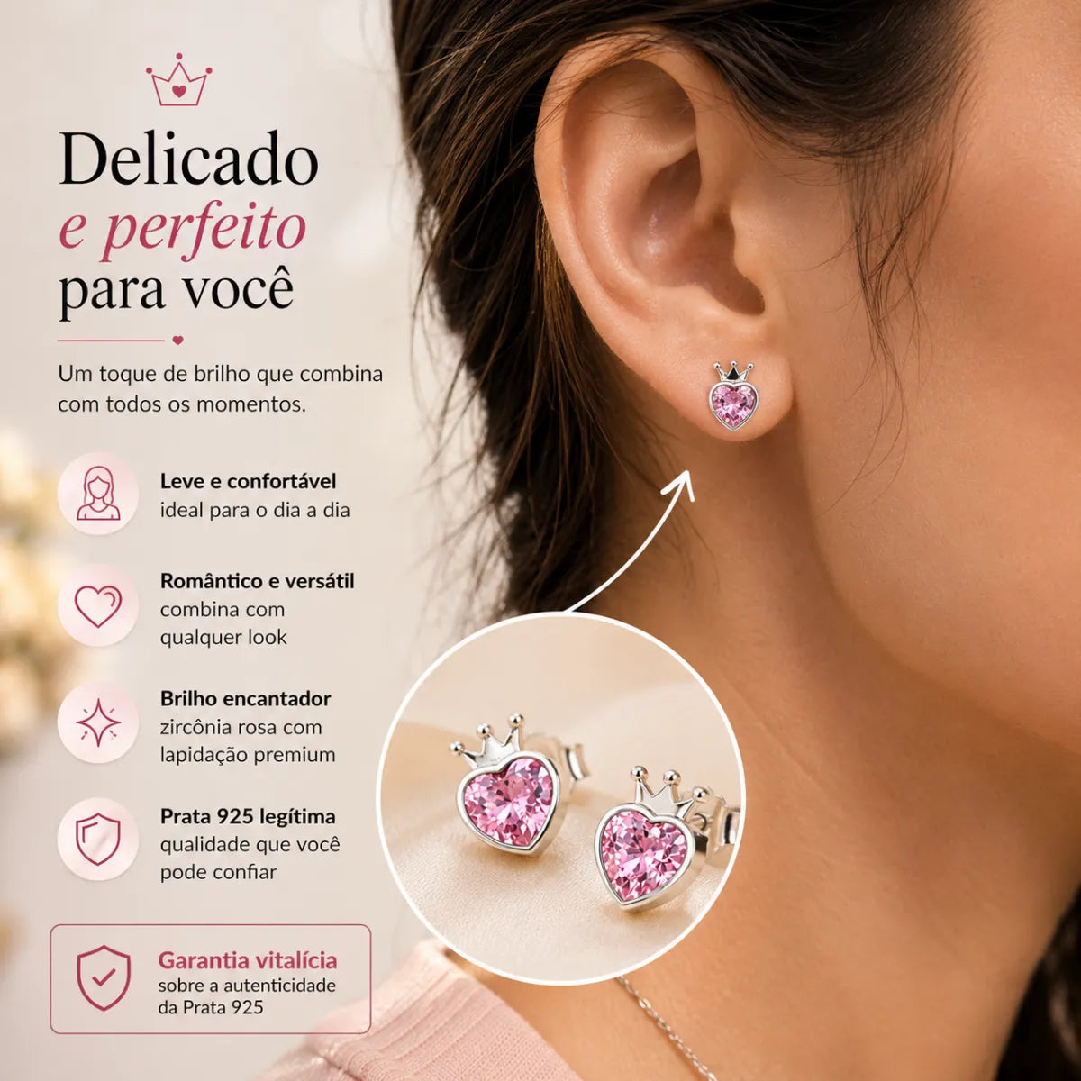 Brinco Coração Rosa Coroa Zircônia Prata 925 Legítima