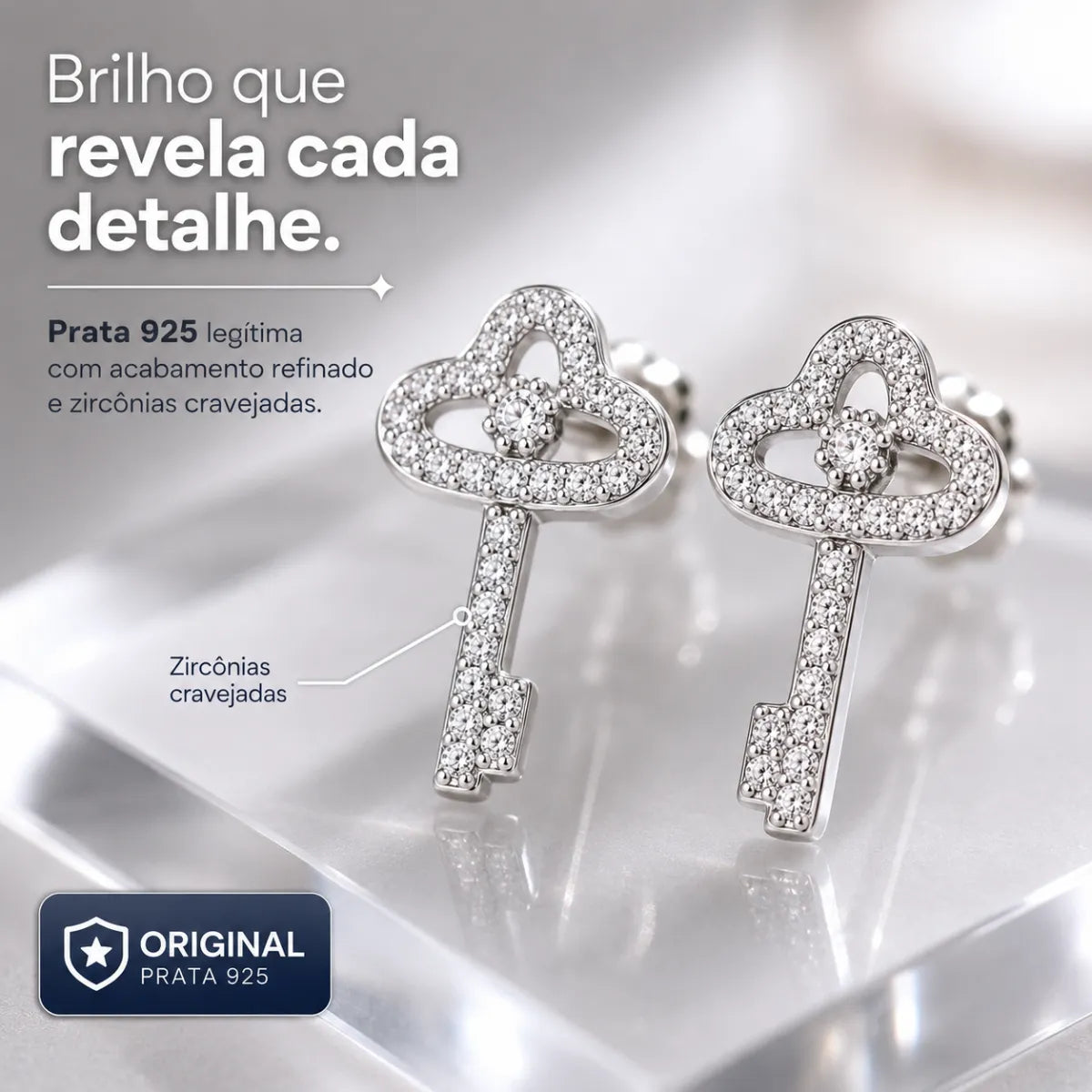 Brinco Chave Cravejada Zircônia Prata 925 Legítima