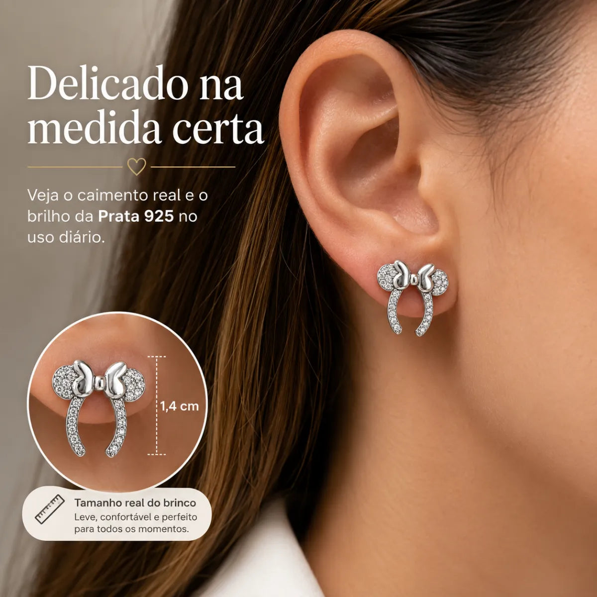 Brinco Ratinha Cravejado Zircônia Prata 925 Legítima