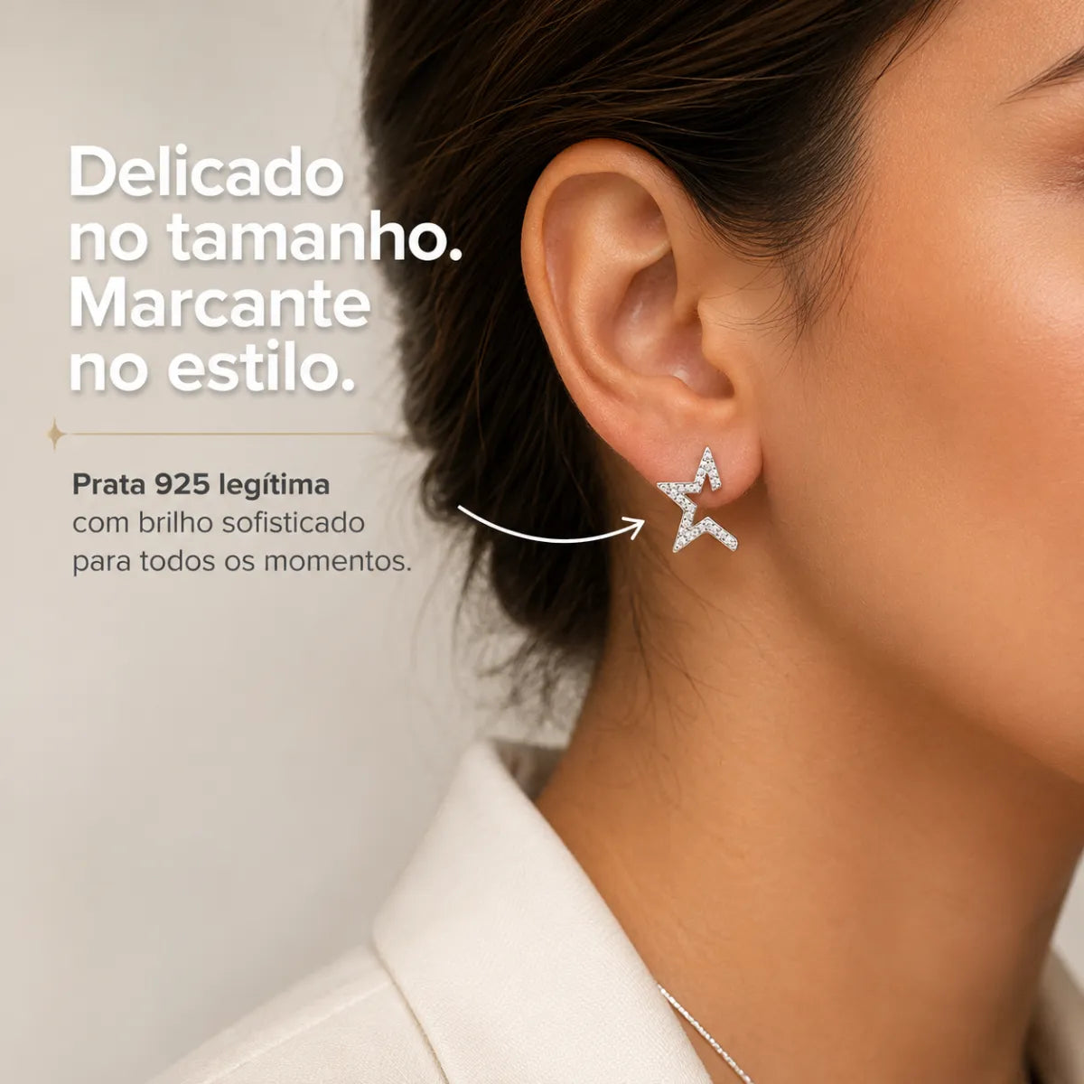 Brinco Meia Estrela Cravejada Zircônica Prata 925 Legítima