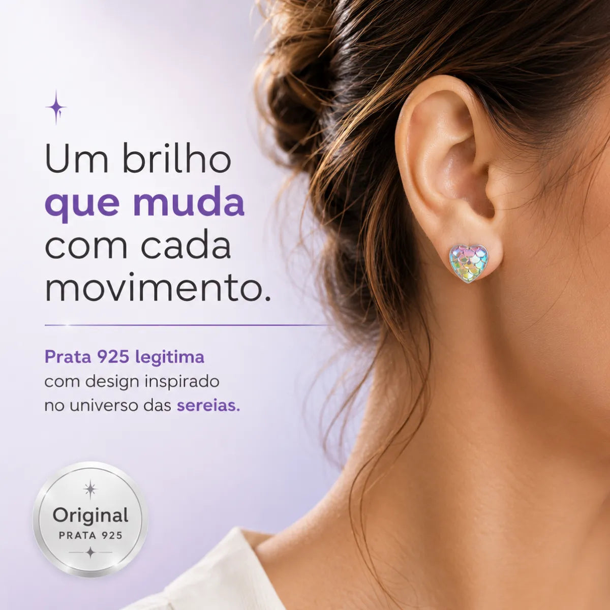 Brinco Coração Escama Peixe/Sereia Prata 925 Legítima