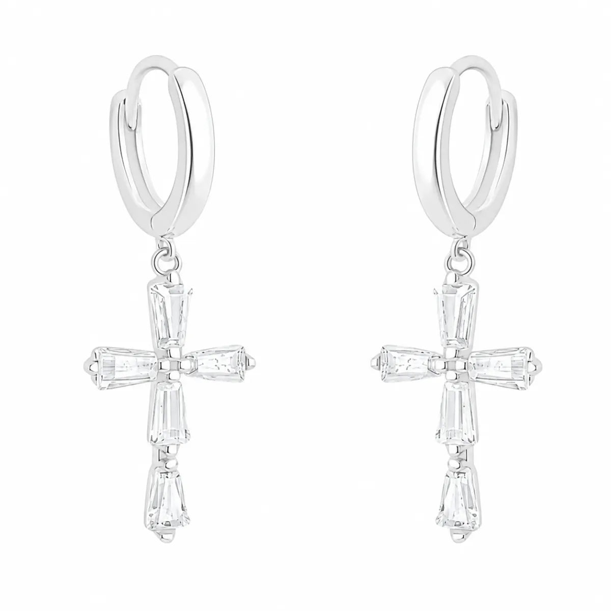 Brinco Argola Click Cruz Zircônia Branca Prata 925 Legítima