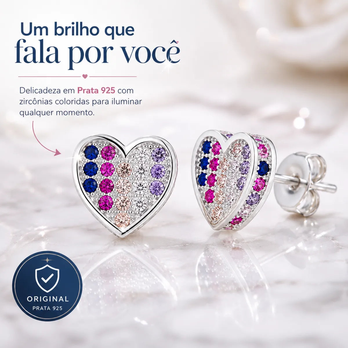 Brinco Coração Galeria Cravejado Colorido Prata 925 Legítima