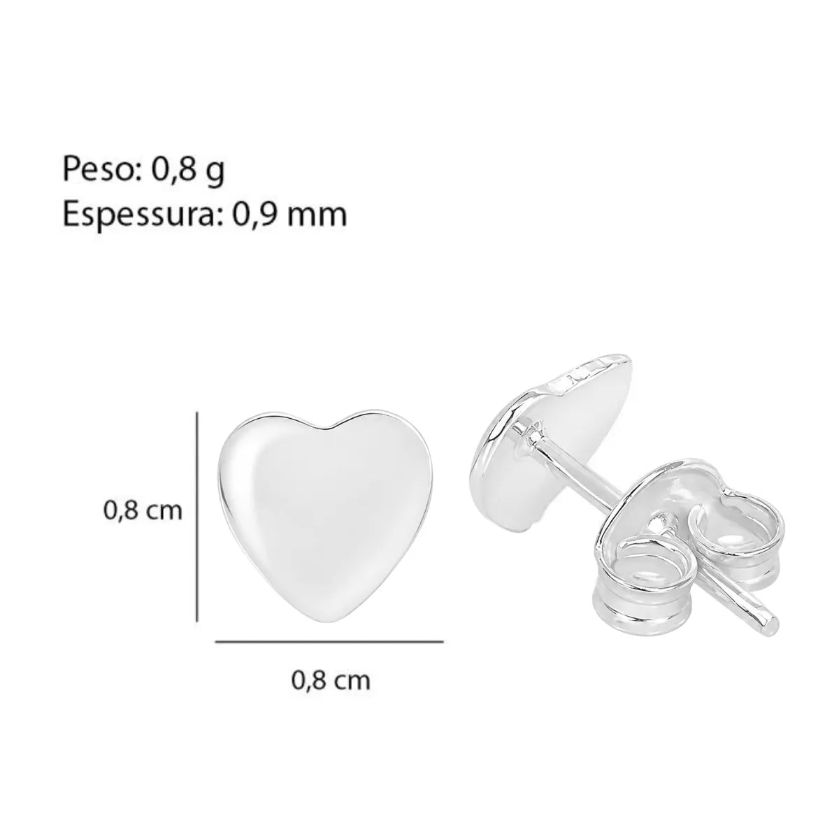 Brinco Coração Liso Abaulado 8mm Prata 925 Legítima
