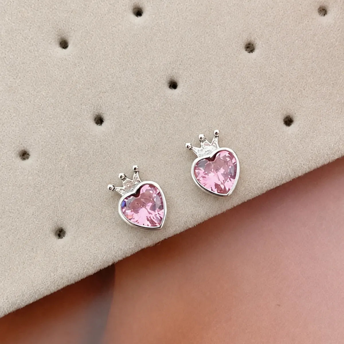 Brinco Coração Rosa Coroa Zircônia Prata 925 Legítima