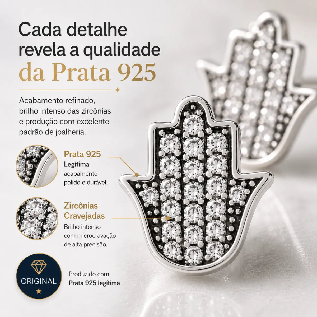 Brinco Mão Hamsa Cravejada Zircônia Prata 925 Legítima