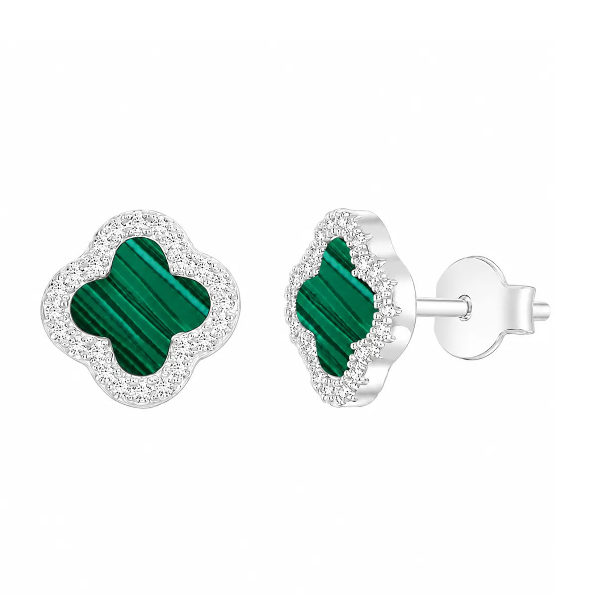 Brinco Trevo Pedra Amalequita Verde Cravejada Zircônia Prata 925 Legítima