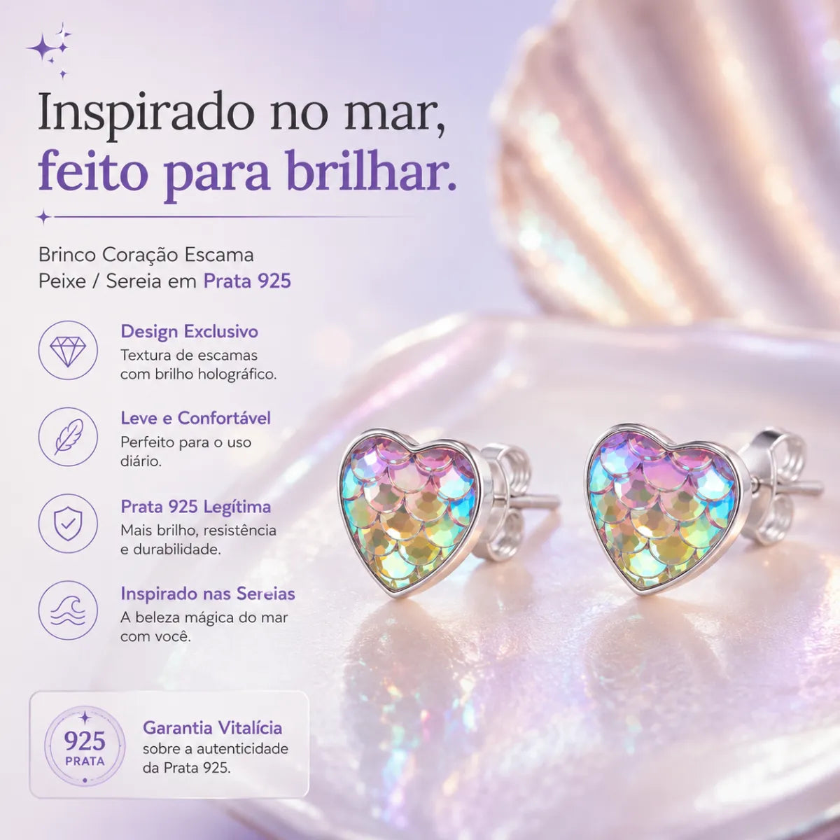 Brinco Coração Escama Peixe/Sereia Prata 925 Legítima
