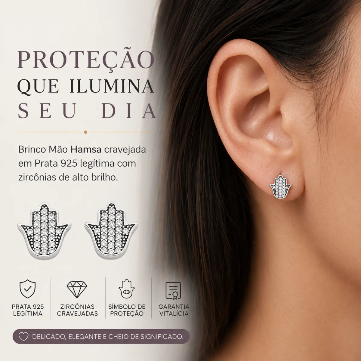 Brinco Mão Hamsa Cravejada Zircônia Prata 925 Legítima