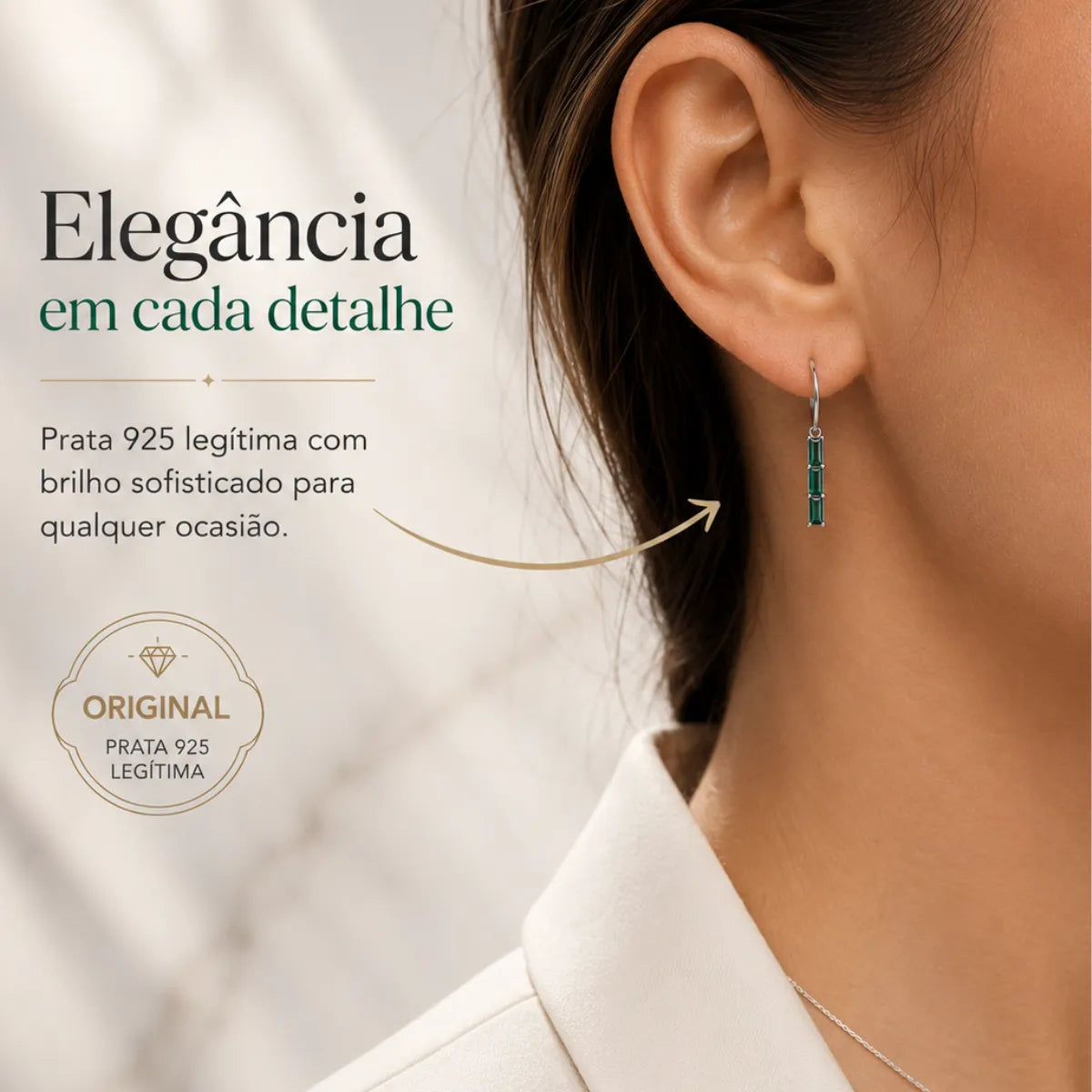 Brinco Meia Argola Pingente Zircônia Verde Prata 925 Legítima