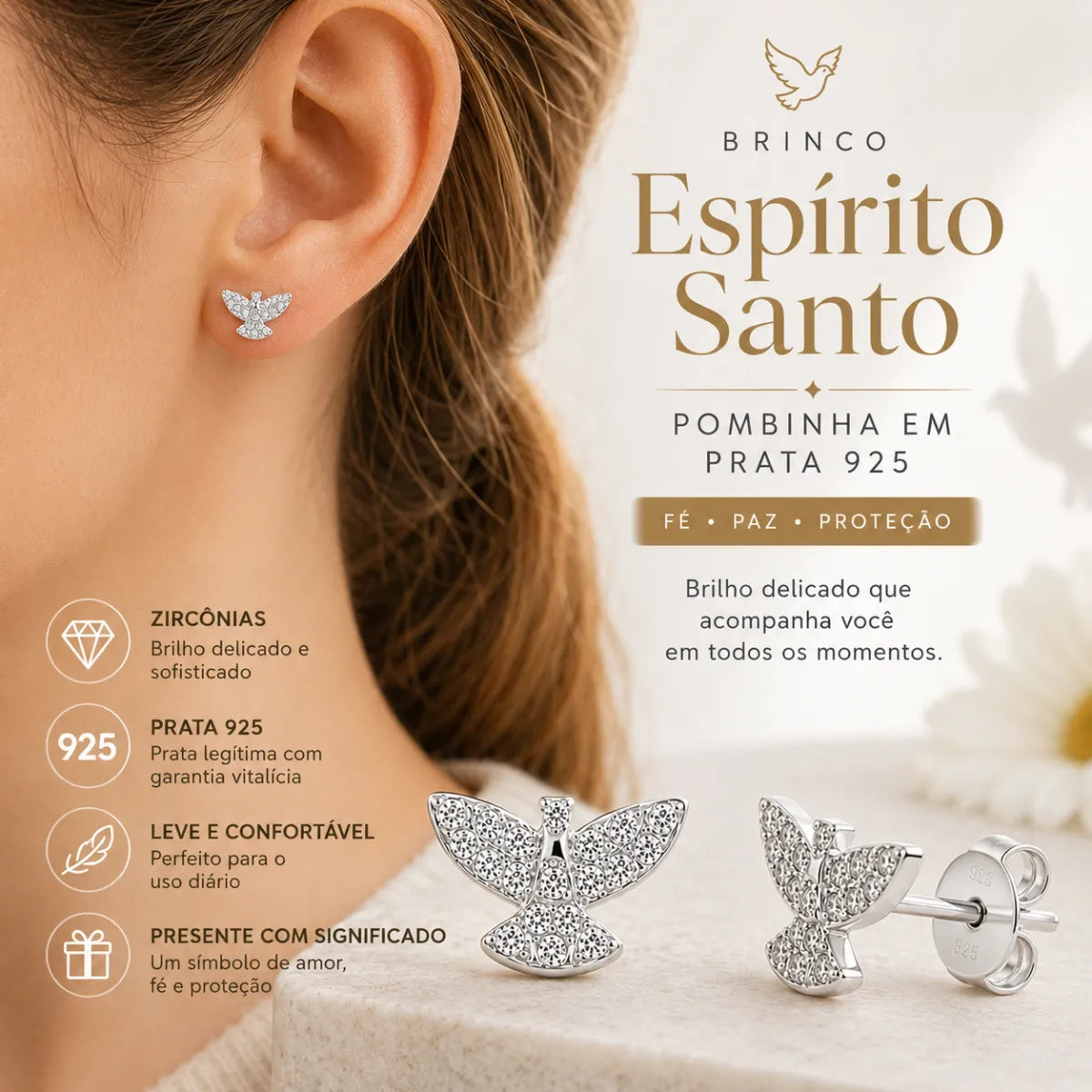 Brinco Espírito Santo Pombinha Zircônia Prata 925 Legítima