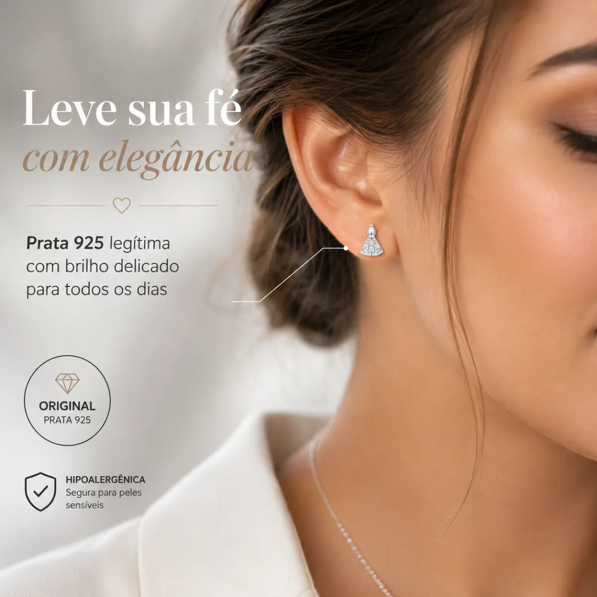 Brinco Nossa Senhora Zircônia Incolor Prata 925 Legítima