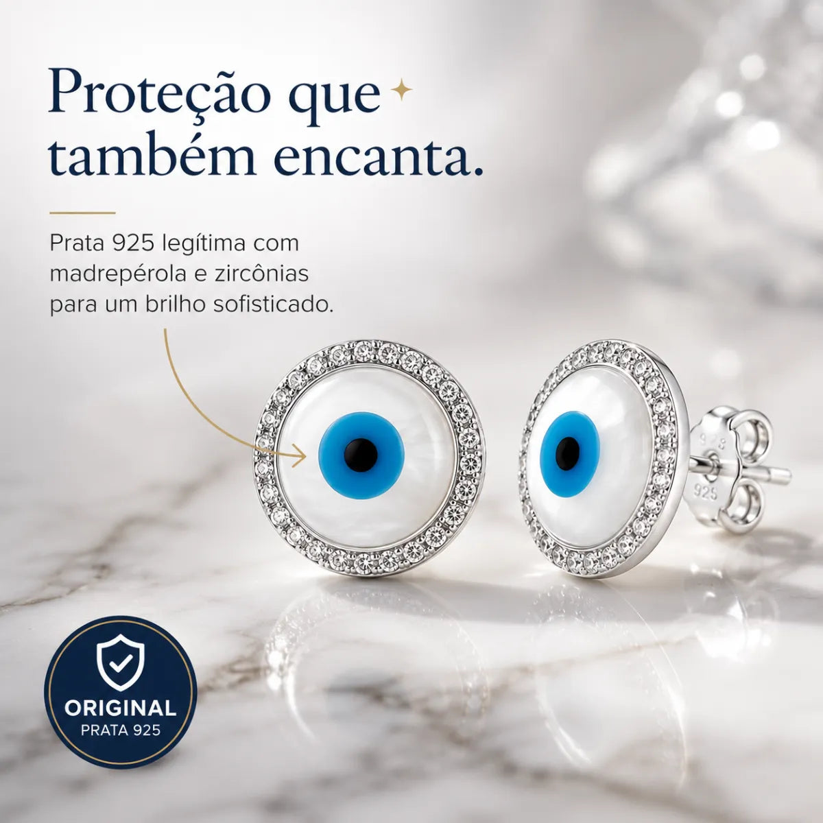 Brinco Olho Grego Madrepérola Bordas Zircônia Prata 925 Legítima