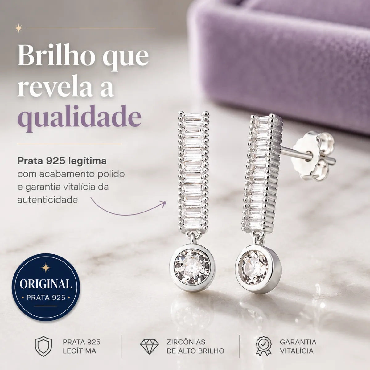 Brinco Palito Brilhante Zircônia Prata 925 Legítima
